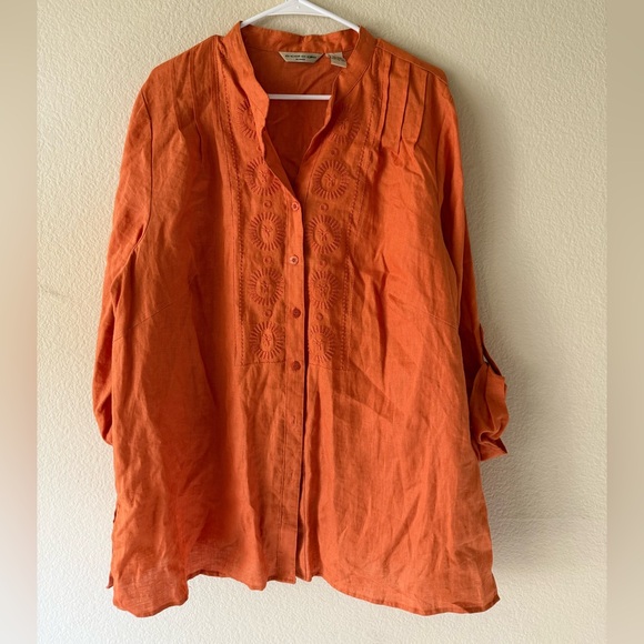 Ecologie Tops - ECOLOGIE Orange Linen Blouse Embroidered Boho Tunic Size 2X